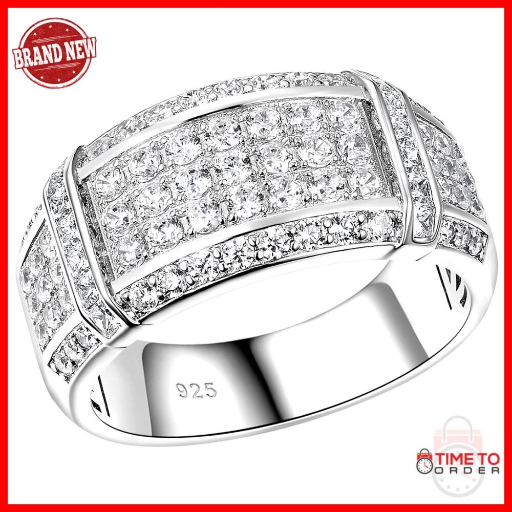 Men's Sterling Silver Wedding Band with Cubic Zirconia, Size 12